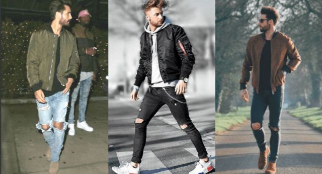 Áo khoác bomber cùng quần jeans rách gối