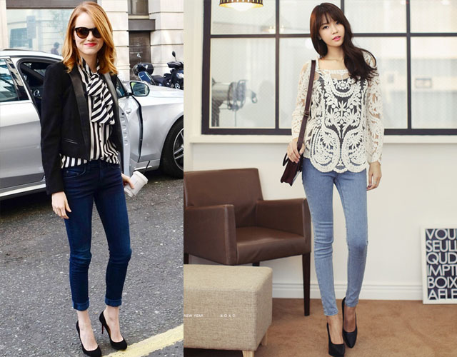 Giày cao gót mũi nhọn cùng quần Jean