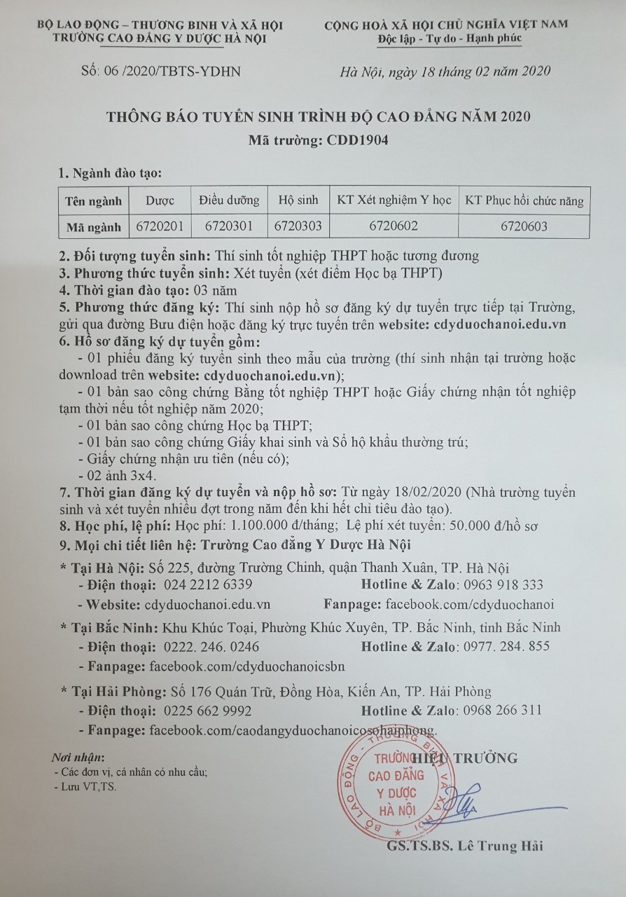 TRƯỜNG CAO ĐẲNG Y DƯỢC HÀ NỘI THÔNG BÁO TUYỂN SINH CAO ĐẲNG CHÍNH QUY TRƯỜNG CAO ĐẲNG Y DƯỢC HÀ NỘI THÔNG BÁO TUYỂN SINH CAO ĐẲNG CHÍNH QUY