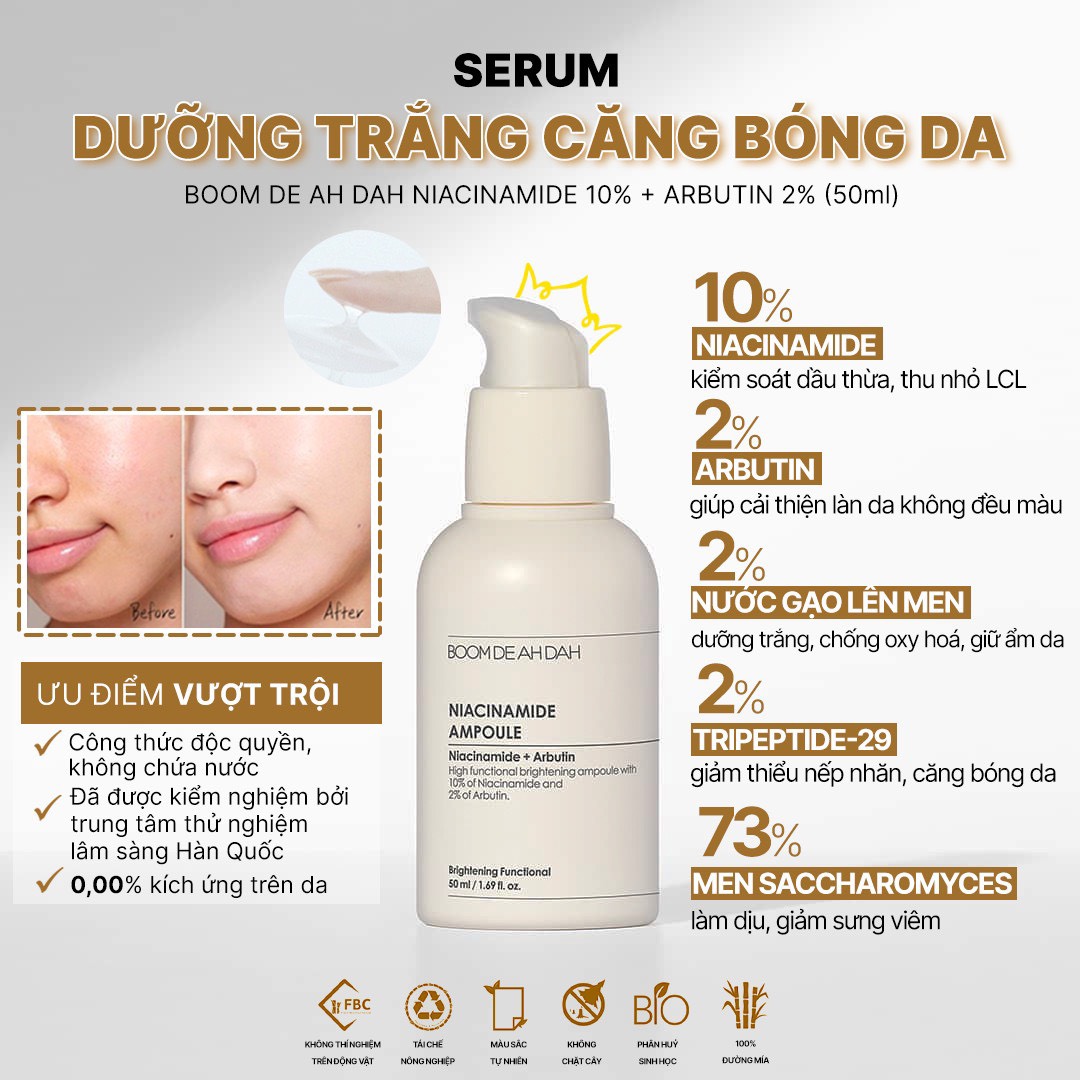 Serum tinh chất Dưỡng Trắng Căng Bóng Da Boom De Ah Dah Niacinamide 10% +  Arbutin 2% Ampoule 50ml - An Beauty Shop