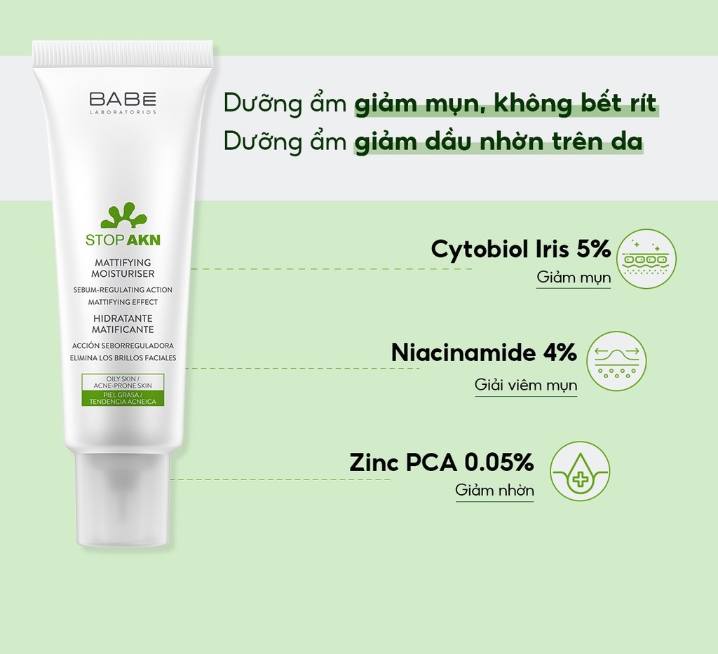 Kem dưỡng cho da dầu mụn BABÉ Stop AKN Mattifying Moisturiser Yumi's Mom Shop