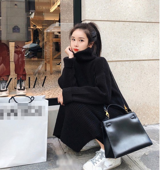 Váy len nữ dáng dài suông đầm len cổ lọ màu đen be nâu basic phom rộng hàng  Quảng Châu cao cấp Style Hàn Quốc  Lazadavn