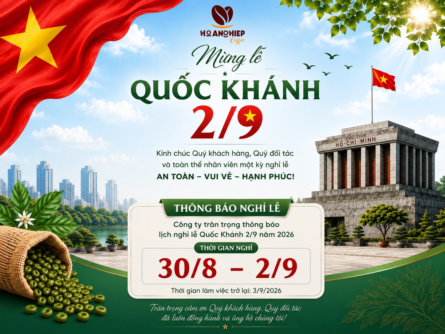 THÔNG BÁO LỊCH NGHỈ LỄ QUỐC KHÁNH 2/9 NĂM 2026