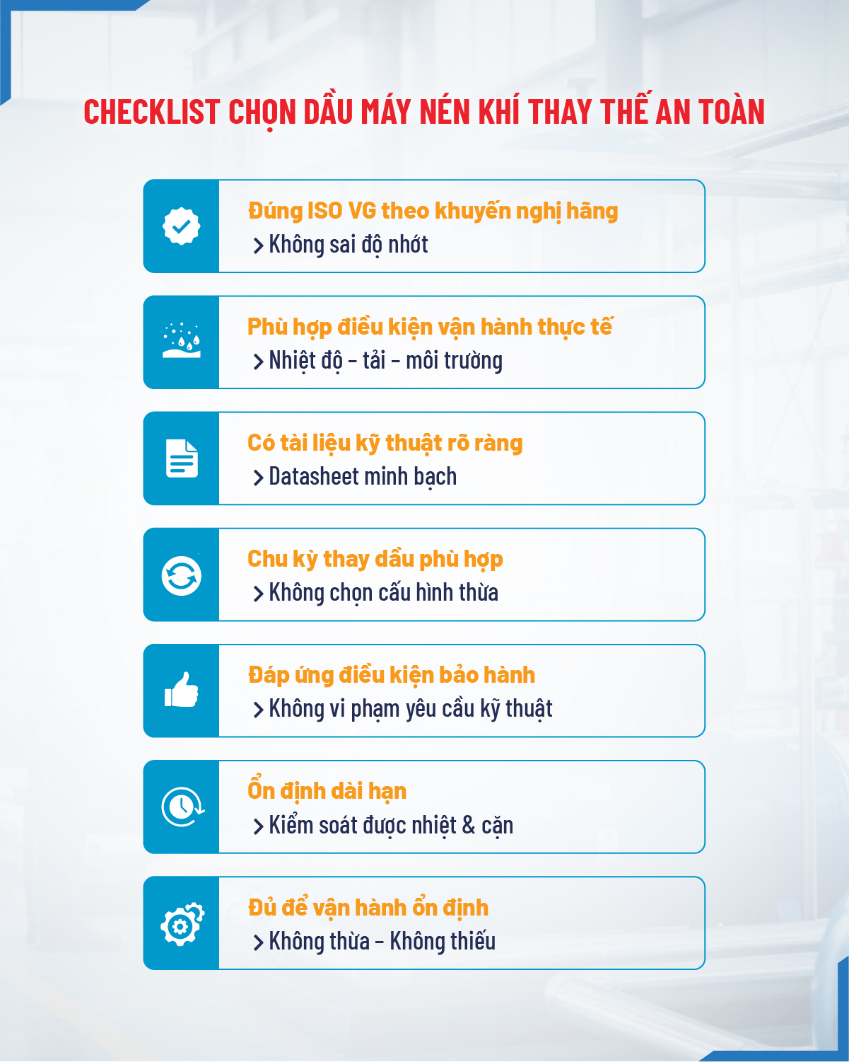 Checklist chọn dầu máy nén khí thay thế an toàn (dành cho phòng vật tư & kỹ thuật)