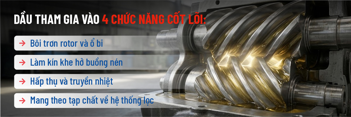 4 chức năng cốt lõi của dầu máy nén khí công nghiệp