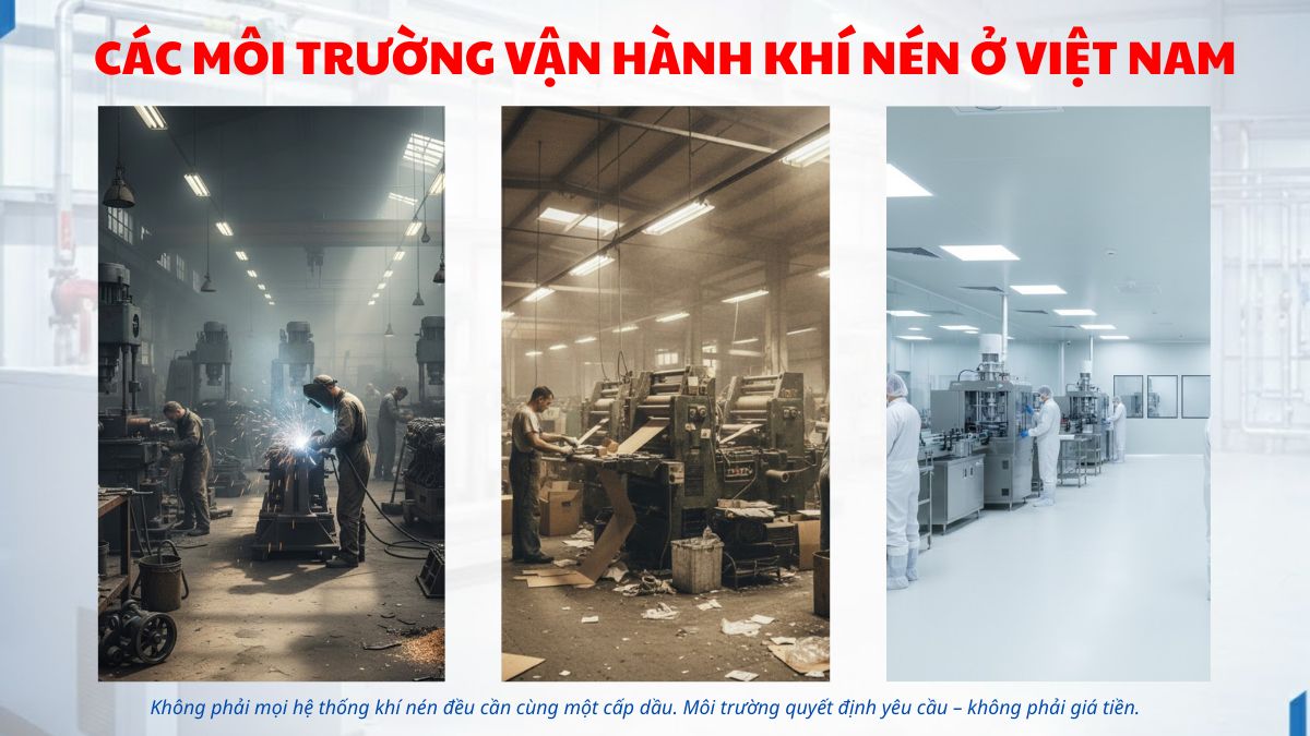 So sánh các môi trường vận hành hệ thống khí nén từ nặng đến nhẹ trong nhà xưởng sản xuất Việt Nam
