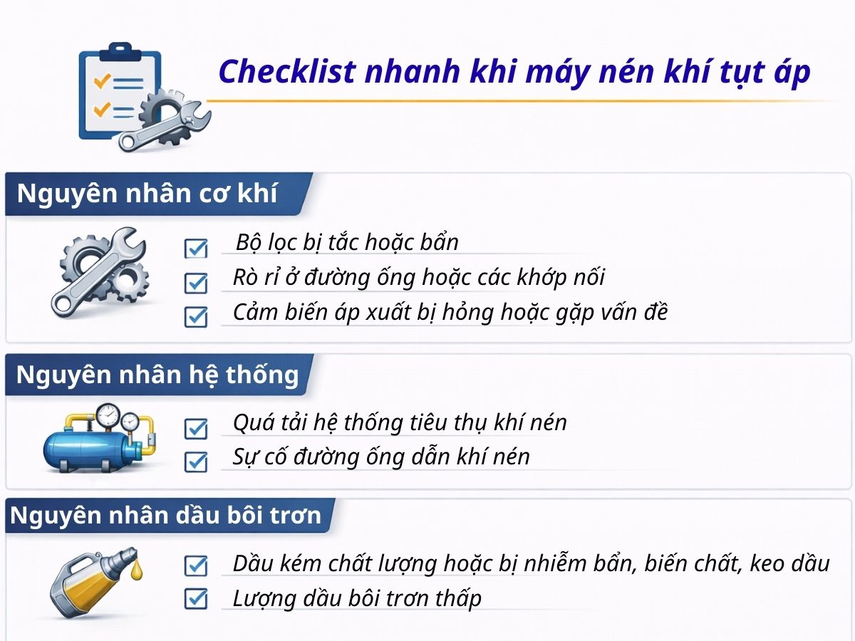 Infographic checklist nguyên nhân máy nén khí tụt áp gồm lọc, van và dầu bôi trơn