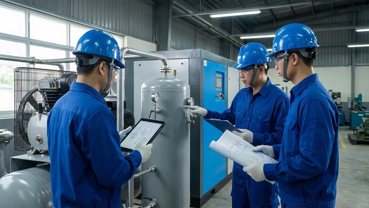 Đội ngũ kỹ sư kỹ thuật trao đổi giải pháp vận hành hệ thống khí nén trong nhà máy