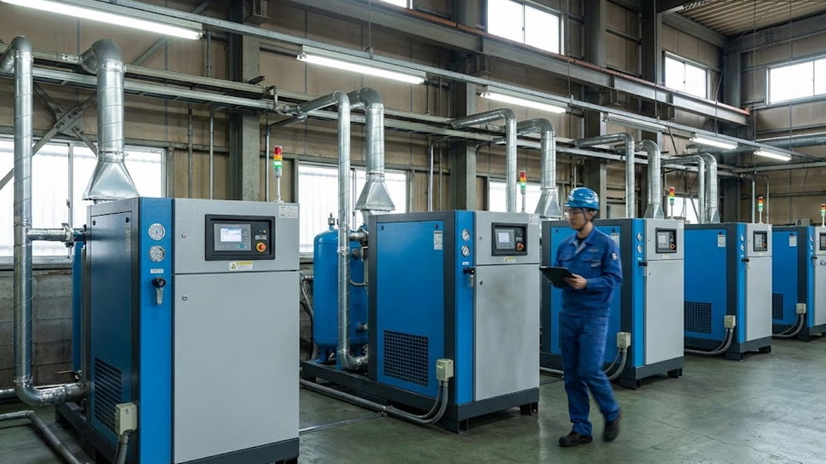 Kỹ sư kiểm tra hệ thống máy nén khí thực tế