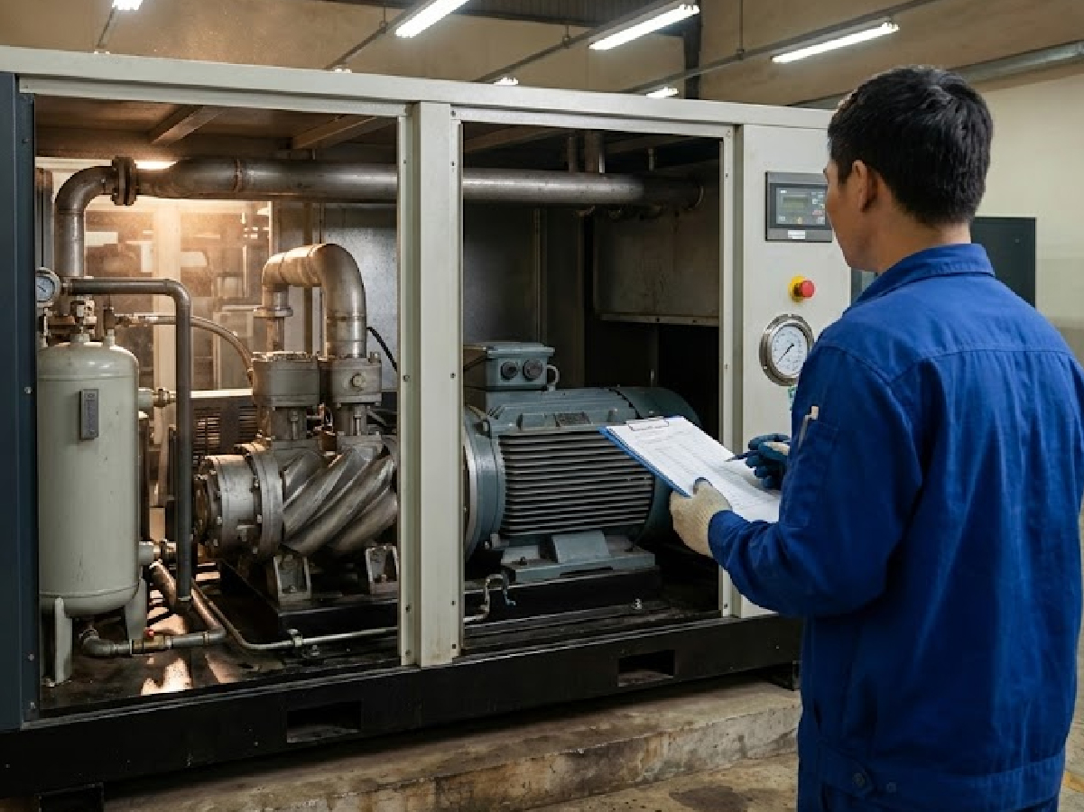 Kỹ sư kiểm định máy nén khí tại xưởng thực tế