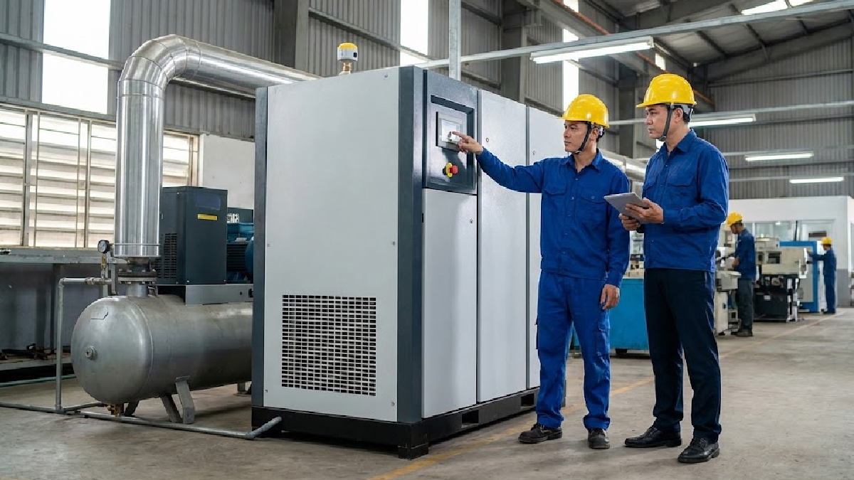 Kỹ sư kỹ thuật kiểm tra tình trạng dầu và máy nén khí trong quá trình đánh giá bảo hành