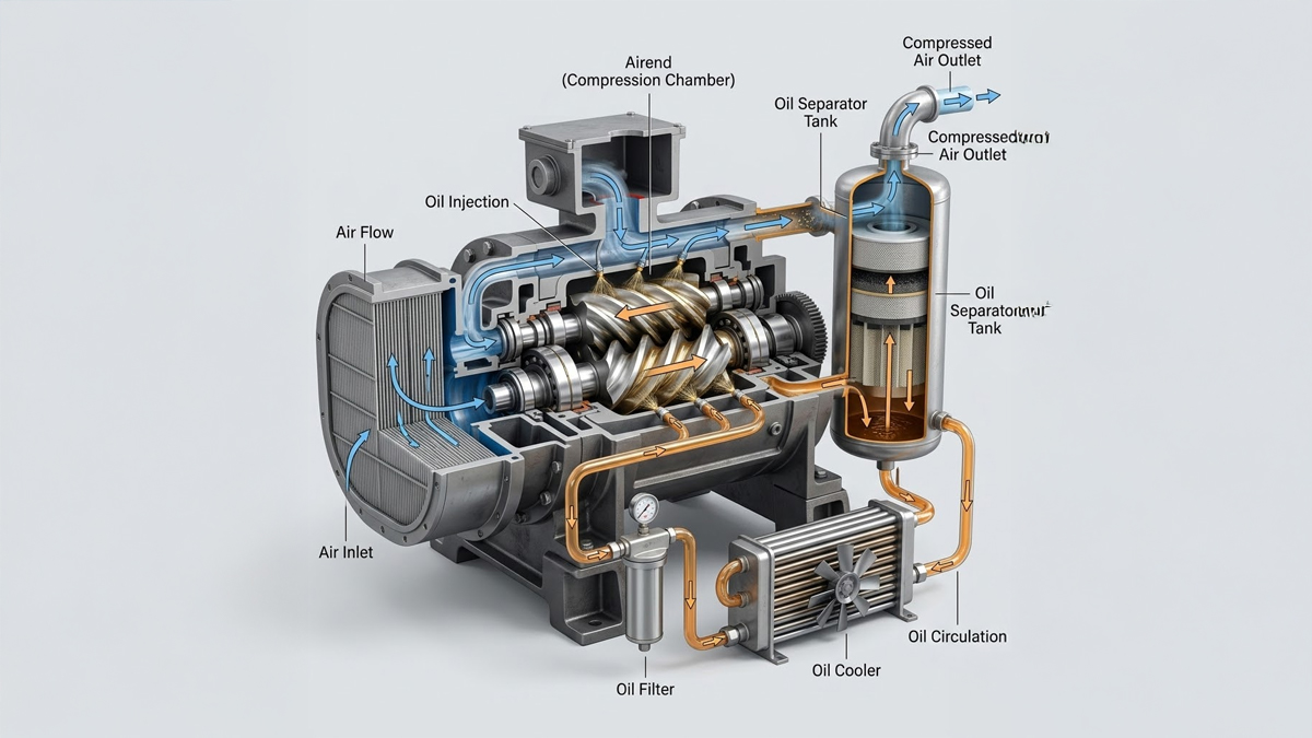 sơ đồ hệ thống dầu trong máy nén khí trục vít ngập dầu