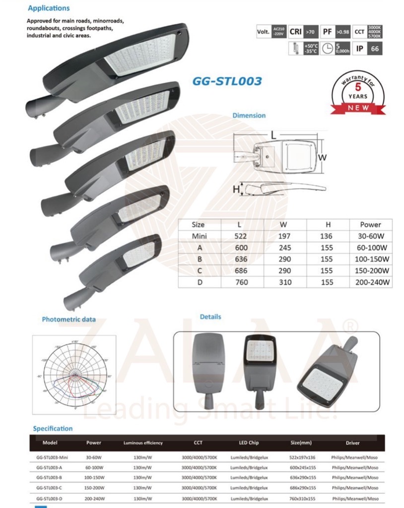 Đèn Đường LED OEM Philips Meanwell 100w, 120w, 150w, 200w Mã sản phẩm GG-STL003 ZALAA