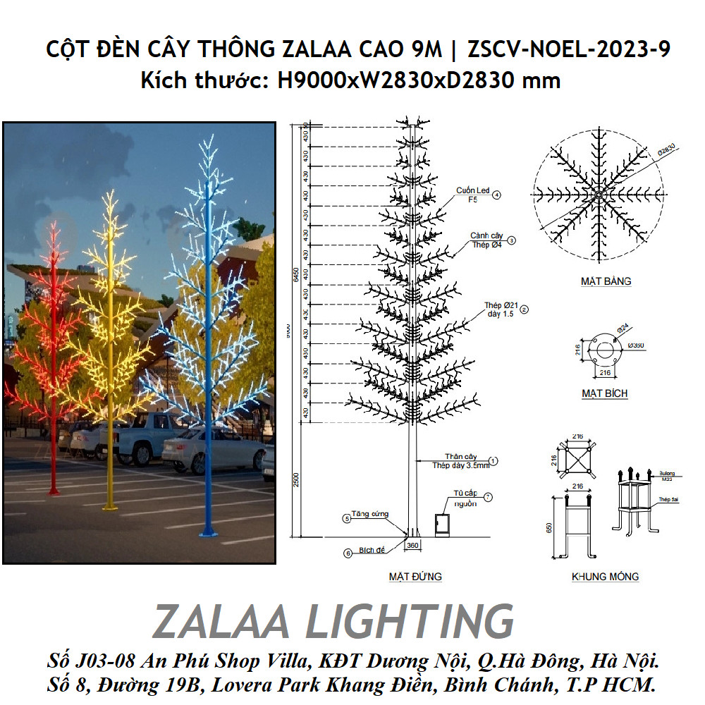 Cột Đèn Trang Trí Cây Thông Cao 8M LED F5 Chiếu Sáng Đường Giao Thông Khu Trung Tâm
