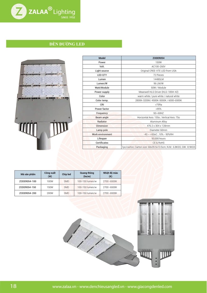 Đèn đường LED OEM Meanwell Cree mã ZODER054-150w ZALAA