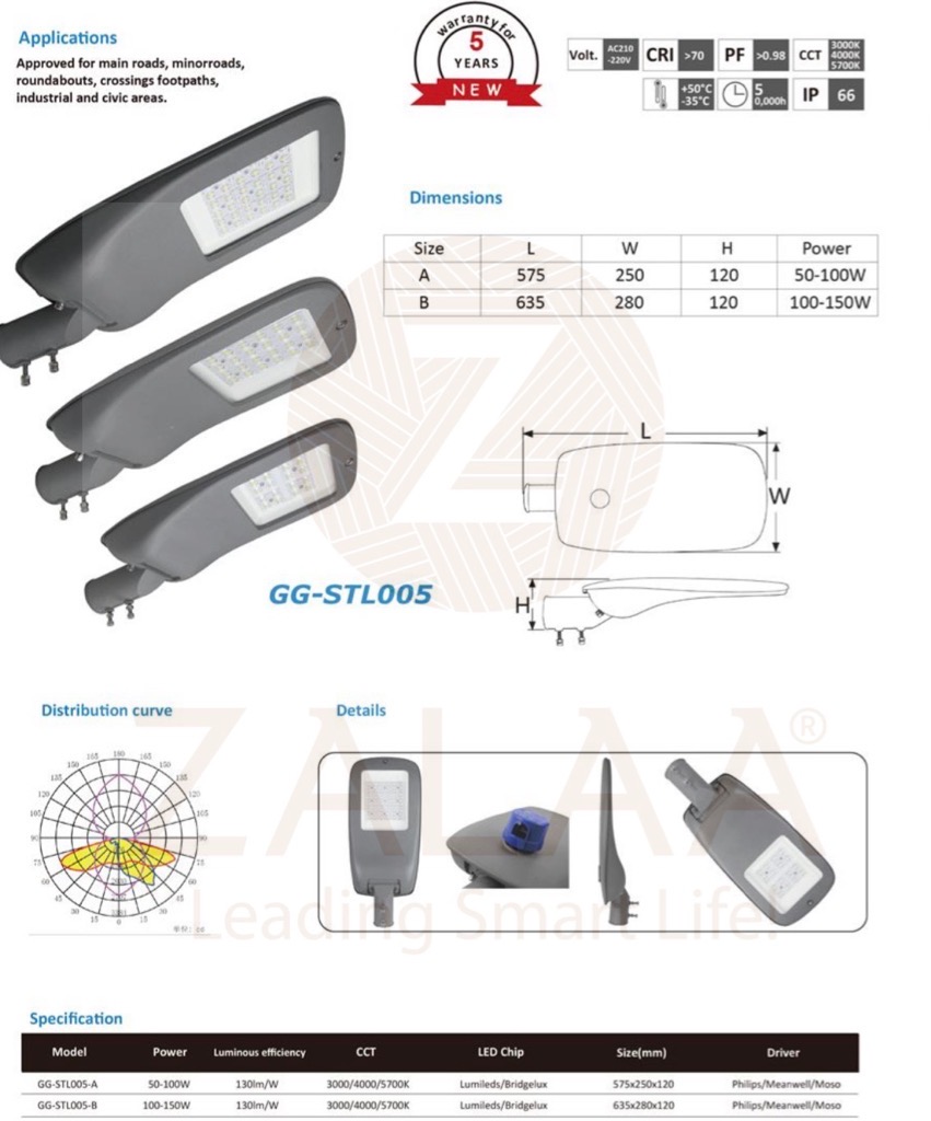 Đèn Đường LED OEM Philips Meanwell 100W, 120W, 150W, 200W Mã GG-STL005 ZALAA