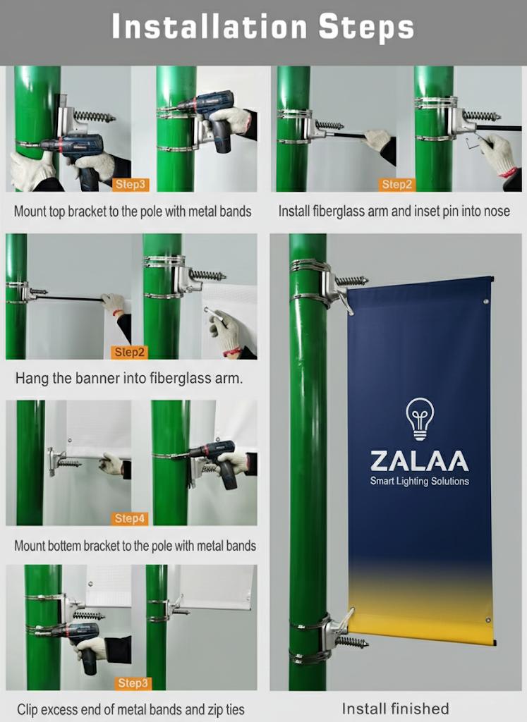 Bộ Tay Treo Banner Cột Đèn ZALAA, Giá Treo Phướn Quảng Cáo Chịu Gió