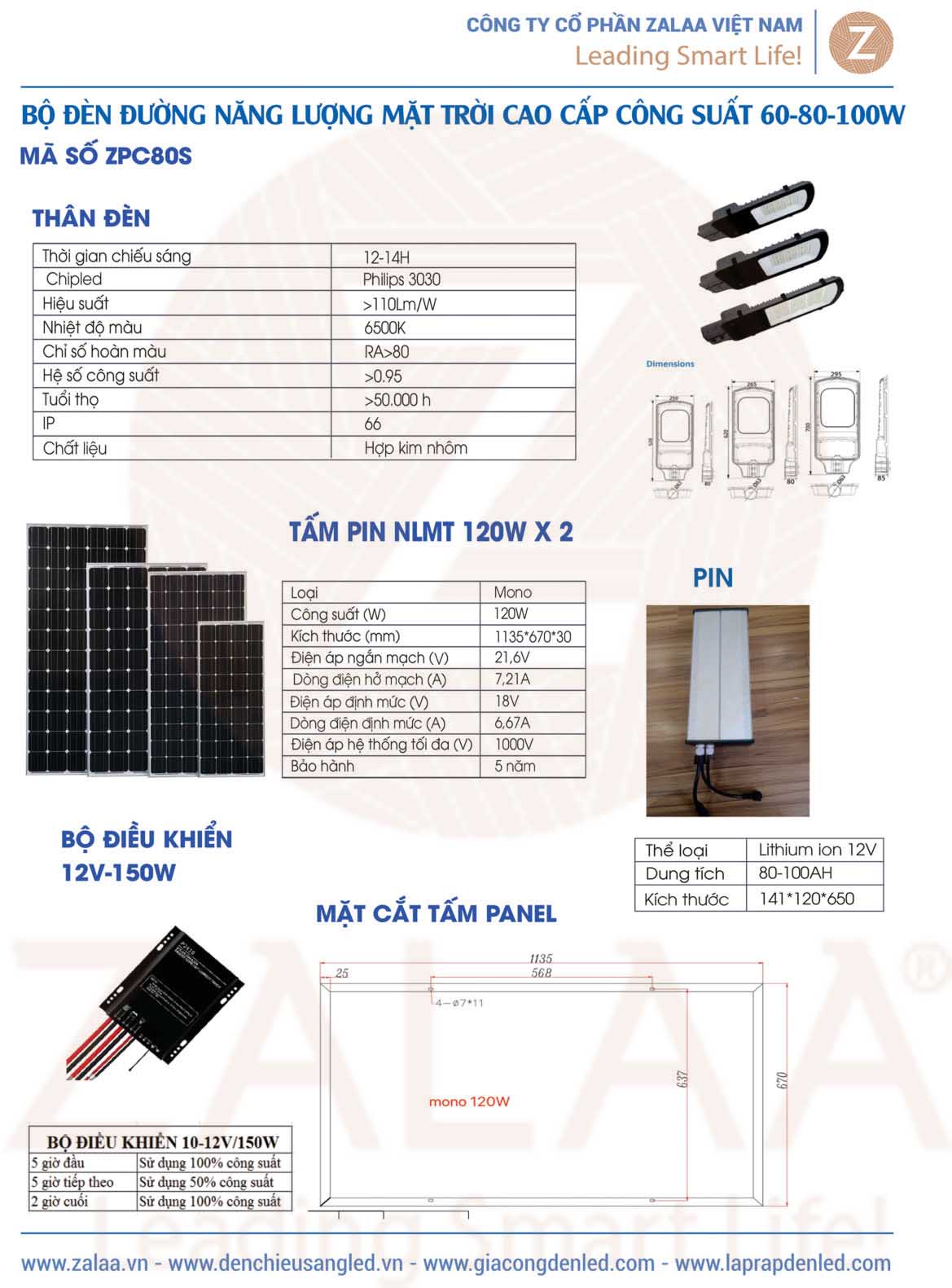 Bộ Đèn Đường Năng Lượng Mặt Trời Cao Cấp 60W, 80W, 100W Mã Sản Phẩm ZPC80S