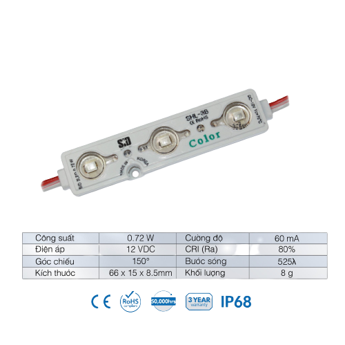 Chip LED SamSung 2835 Module 3 Bóng SiD IP68, Bảo hành 3 năm