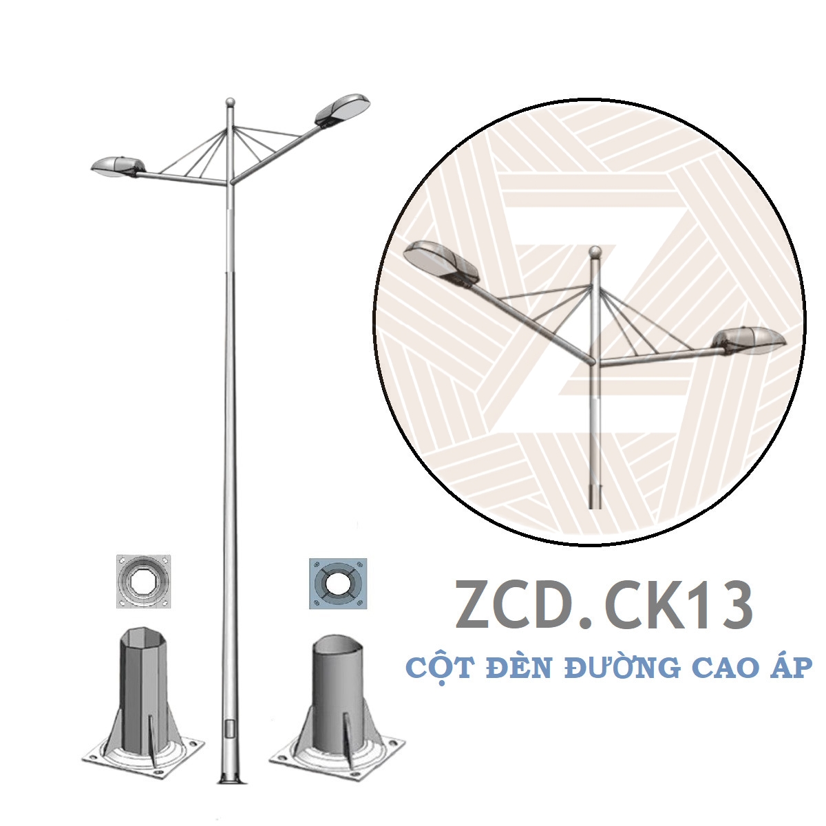 Cột Đèn Cao Áp Chiếu Sáng Đường Phố | Cần Đèn Đôi ZCD.CK13