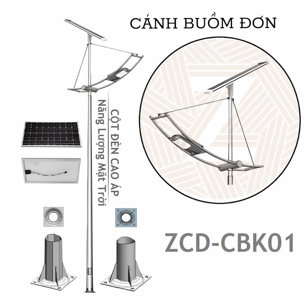 Cột Đèn Đường Cao Áp Năng Lượng Mặt Trời kiểu dáng Cần Đèn Cánh Buồm Đơn 1 tấm Pin