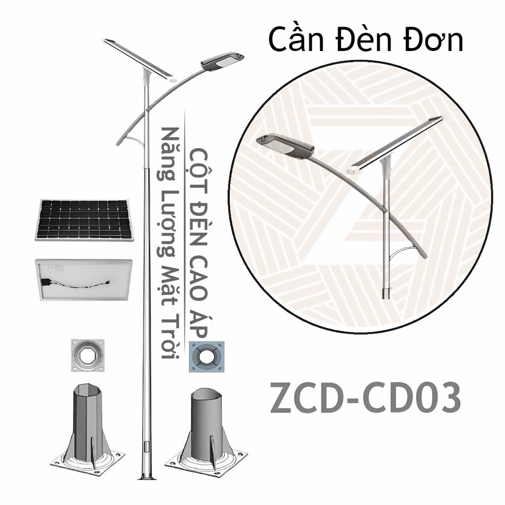 Cột Đèn Đường Cao Áp Năng Lượng Mặt Trời ZCD-CD03 Cần Đèn Đơn 1 tấm Pin Solar Panel