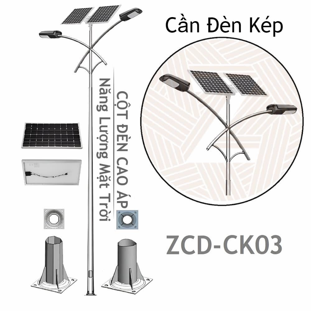 Cột Đèn Đường Cao Áp Năng Lượng Mặt Trời ZCD-CK03 Cần Đèn Kép 2 tấm Pin Solar Panel