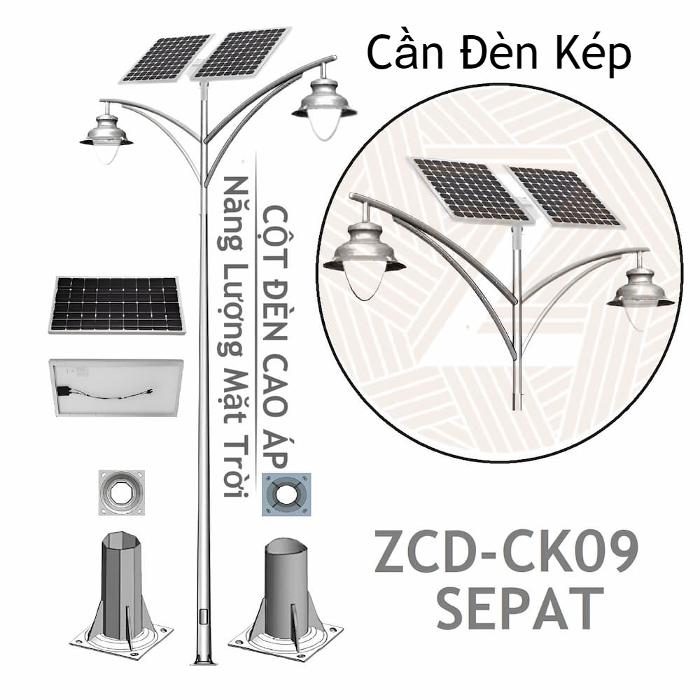 Cột Đèn Đường Cao Áp Năng Lượng Mặt Trời ZCD-CK09 SEPAT Cần Đèn Kép 2 tấm Pin Solar Panel