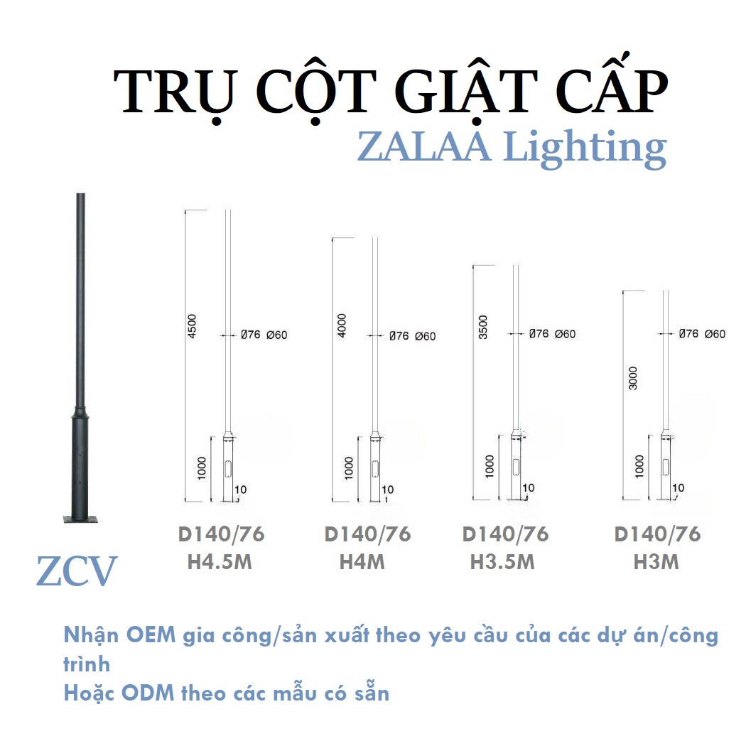 Cột Đèn Giật Cấp D140/76 cao 3,5m - Mạ kẽm nhúng nóng, Sơn tĩnh điện | Mã sp ZCD-GC H3.5 D140/76 ZALAA