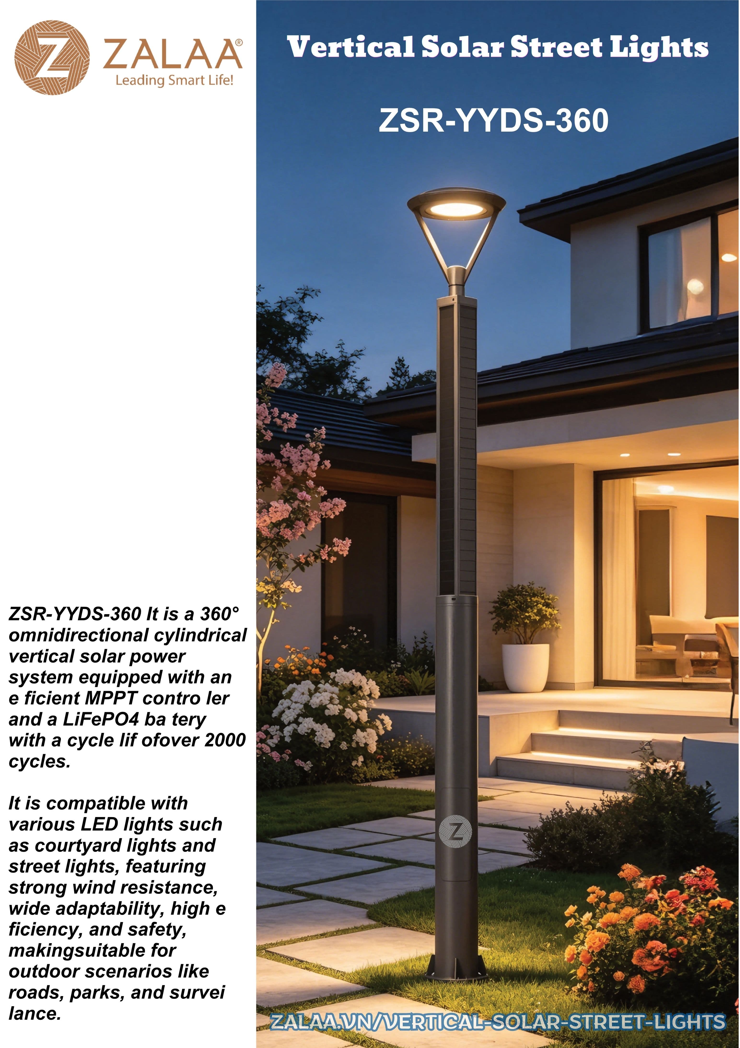 Cột Đèn Năng Lượng Mặt Trời Dọc Thông Minh ZSR-YYDS-360 | ZALAA Jsc