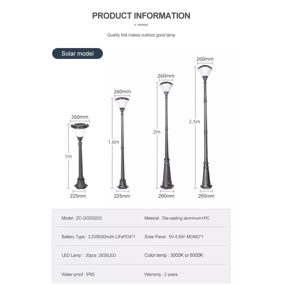 Cột Đèn Năng Lượng Mặt Trời ZALAA cao từ 1m-2m5 ZG-GGD0203-1-4.5W chiếu sáng cảnh quan ngoài trời