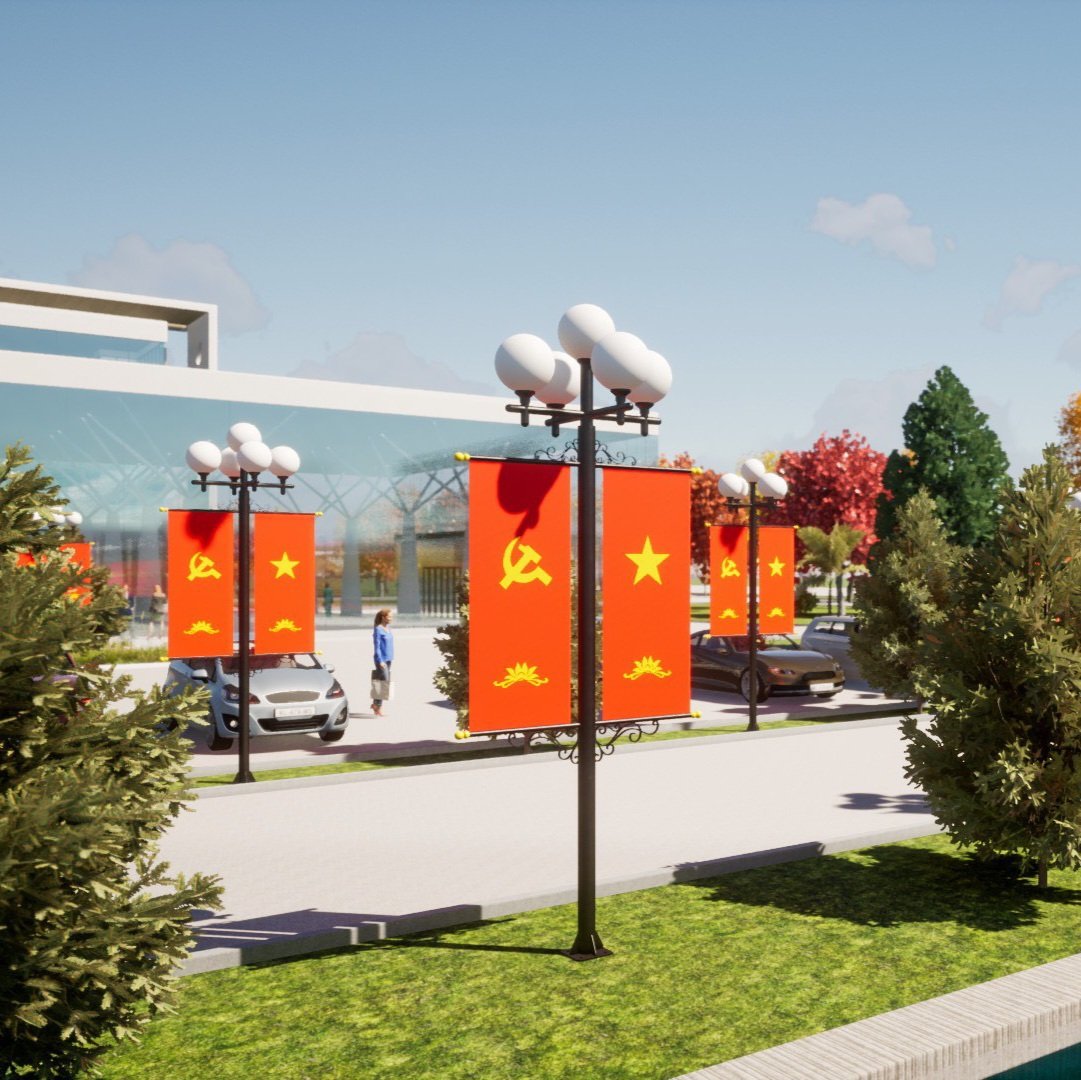 Cột Đèn Quả Cầu D200, D300, D400 Có Phướn Treo Băng Rôn - Thiết Kế Theo Yêu Cầu