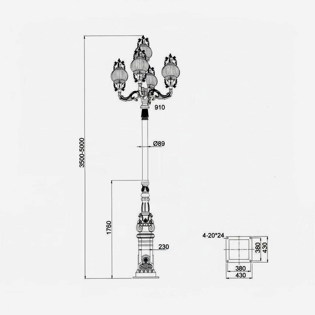 Cột Đèn Sân Vườn Thân Đúc Cổ Điển - Tay Chùm 5 Bóng Hoa Văn Tinh Xảo | ZSV-GLP Z27