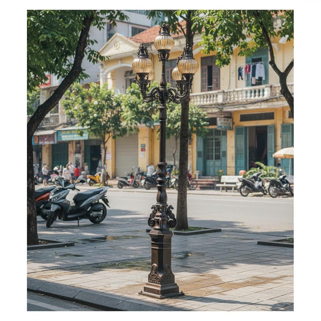 Cột Đèn Sân Vườn Thân Đúc Cổ Điển - Tay Chùm 5 Bóng Hoa Văn Tinh Xảo | ZSV-GLP Z27