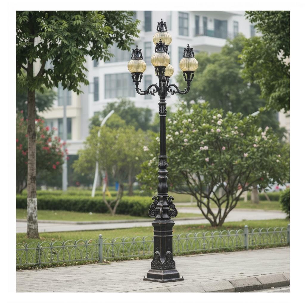 Cột Đèn Sân Vườn Thân Đúc Cổ Điển - Tay Chùm 5 Bóng Hoa Văn Tinh Xảo | ZSV-GLP Z27