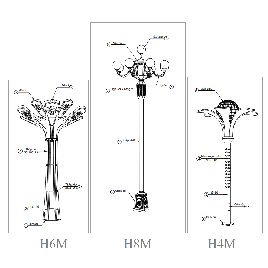 Cột Đèn Trang Trí Công Viên Sản Xuất Theo Yêu Cầu Cao 4-6M ZALAA - Kiểu Dáng Bông Hoa 6 Cánh Ôm Quả Cầu LED