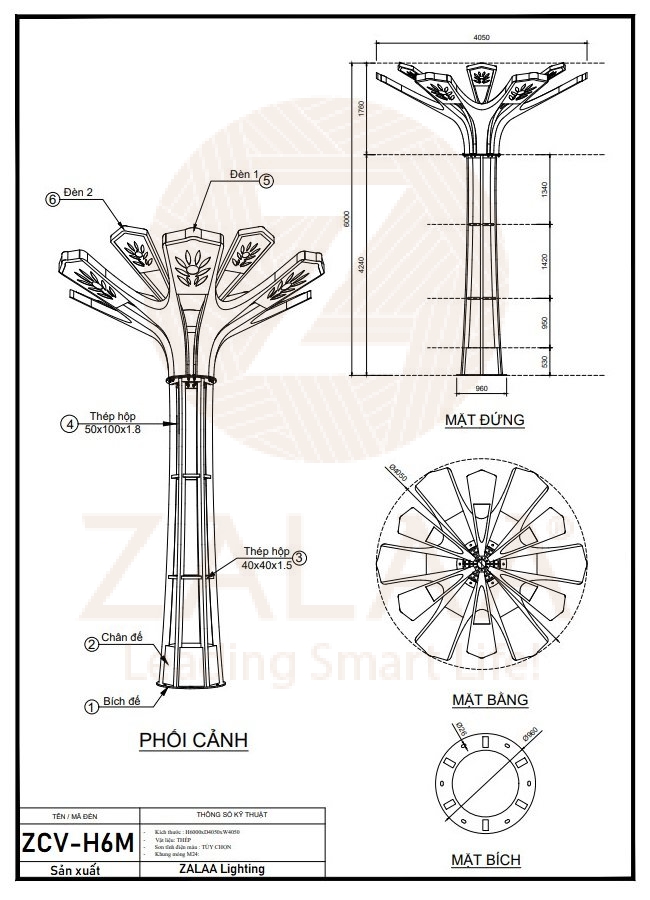 Cột Đèn Trang Trí Công Viên Sản Xuất Theo Yêu Cầu Cao 6-8M ZALAA - Kiểu Dáng Bông Hoa 12 Cánh Khắc CNC Gắn LED
