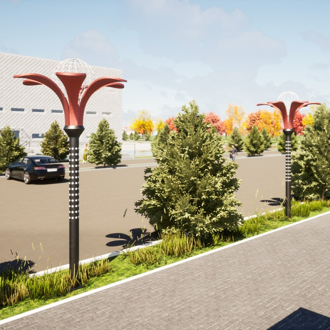 Cột Đèn Trang Trí Công Viên Sản Xuất Theo Yêu Cầu Cao 4-6M ZALAA - Kiểu Dáng Bông Hoa 6 Cánh Ôm Quả Cầu LED