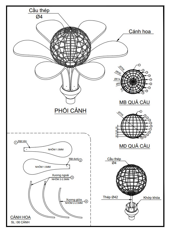 Cột Đèn Trang Trí Công Viên Sản Xuất Theo Yêu Cầu Cao 4-6M ZALAA - Kiểu Dáng Bông Hoa 6 Cánh Ôm Quả Cầu LED