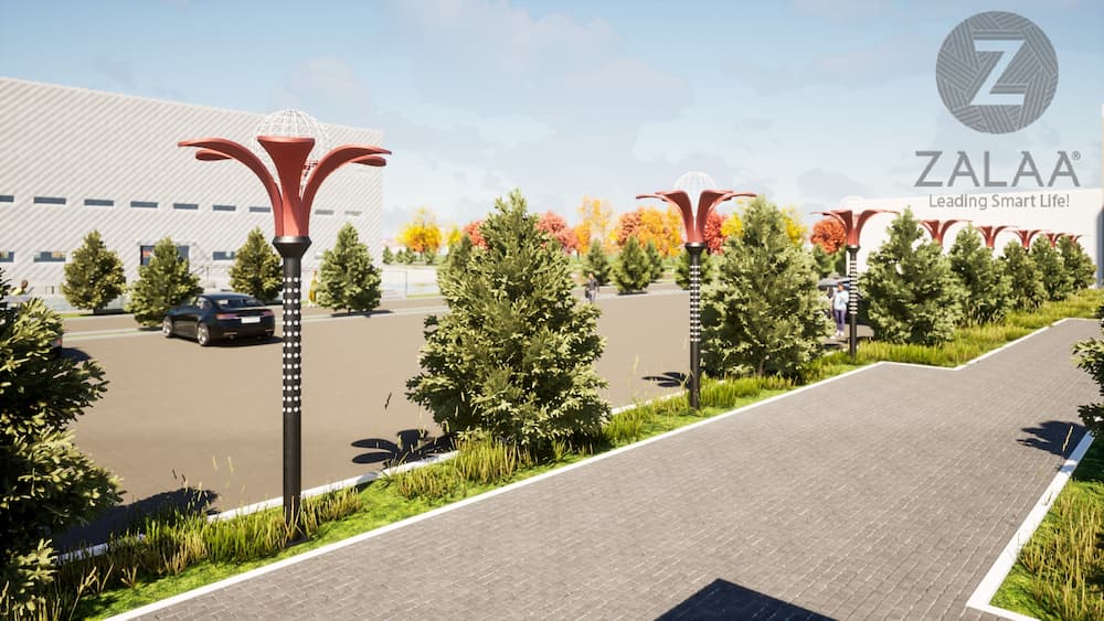 Cột Đèn Trang Trí Công Viên Sản Xuất Theo Yêu Cầu Cao 4-6M ZALAA - Kiểu Dáng Bông Hoa 6 Cánh Ôm Quả Cầu LED