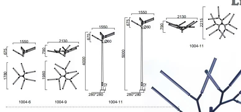 Cột Giật Cấp và Đầu đèn LED kiểu Cành cây đẹp lạ  ZCV ZALAA Tree Lights chiếu sáng dự án Vườn Án Sáng ngoài trời