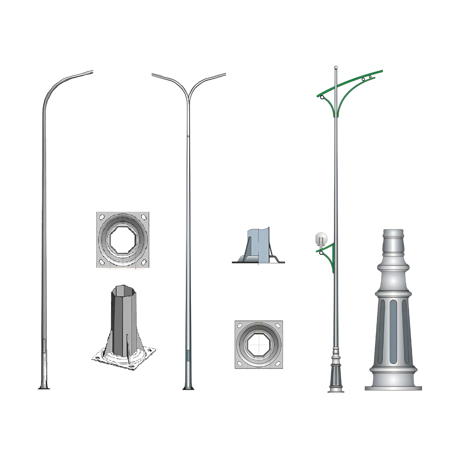 Cột Đèn Cáo Áp Bát Giác - Tay Đèn Đơn/Kép, Liền Cần/Rời Cần Đơn, 1/2 Bóng