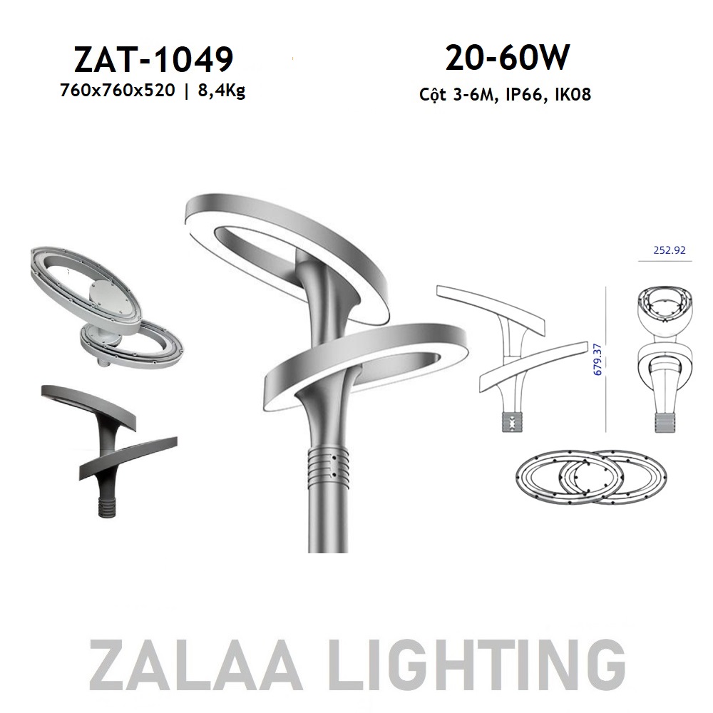 Đầu Đèn LED Sân Vườn Công Viên Hiện Đại Hướng Smart City ZAT-1049 ZALAA Công Suất 20W-60W Phù Hợp Cột 3-6M