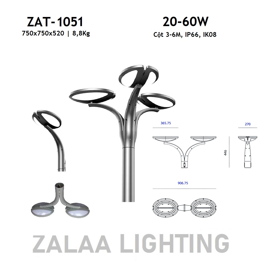 Đầu Đèn LED Sân Vườn Công Viên Hiện Đại Hướng Smart City ZAT-1051 ZALAA Công Suất 20W-60W Phù Hợp Cột 3-6M