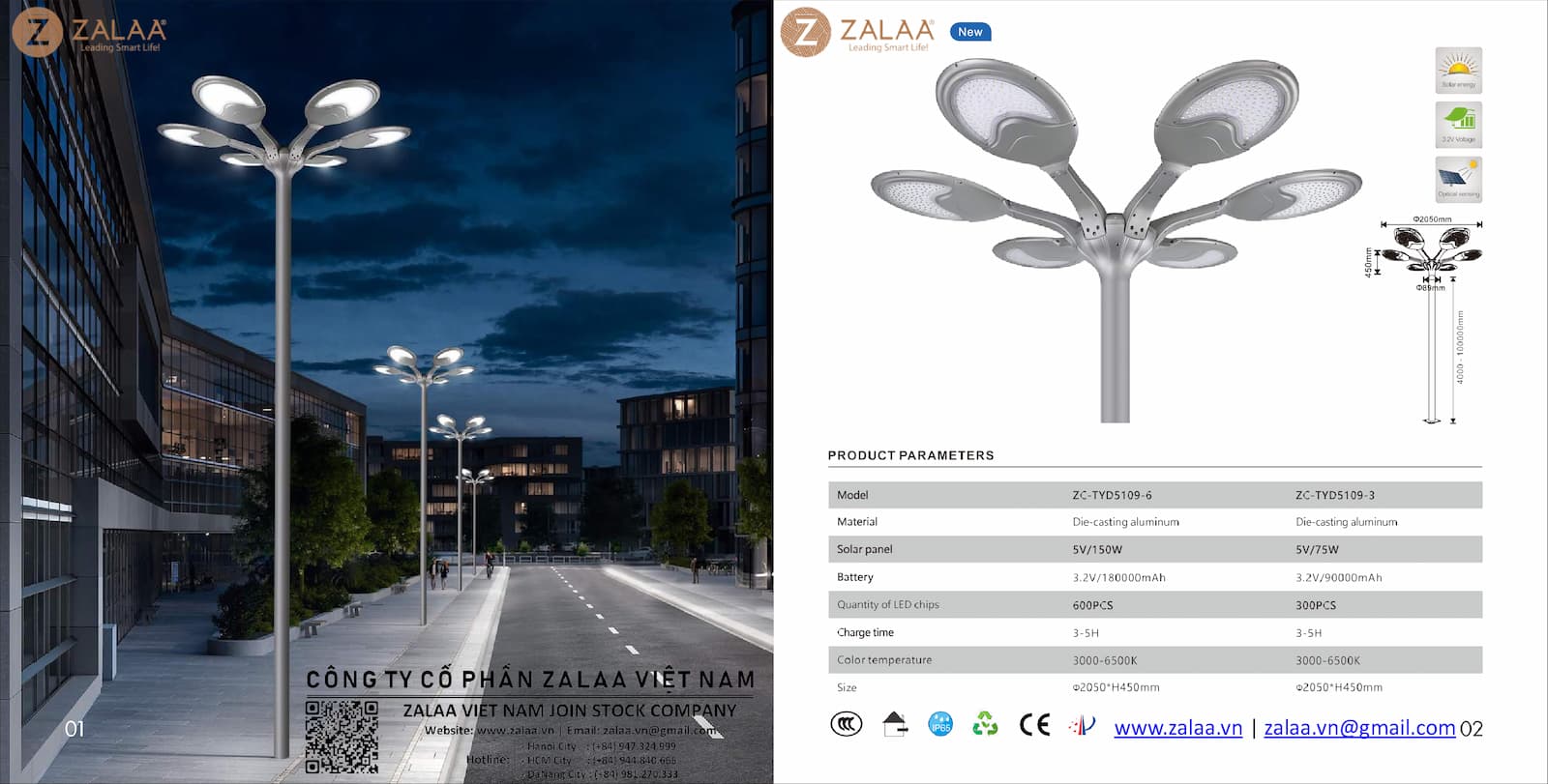 Đầu Đèn LED Sân Vườn Năng Lượng Mặt Trời ZALAA Solar Garden Cho cột cao 6-10m Chiếu sáng đường phố Smart City