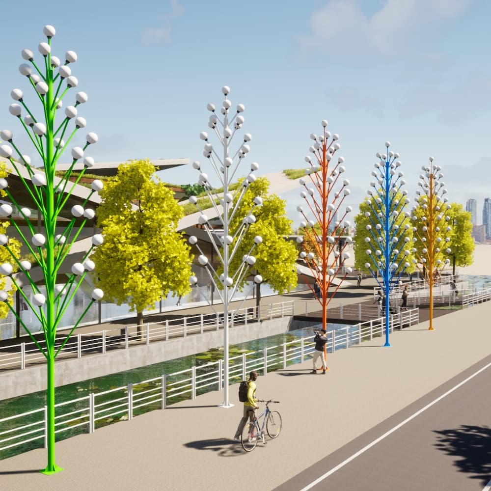 Cột Đèn Trang Trí Kiểu Dáng Cây Thông Cao 10M Với 45 Tay Đèn Quả Cầu D250