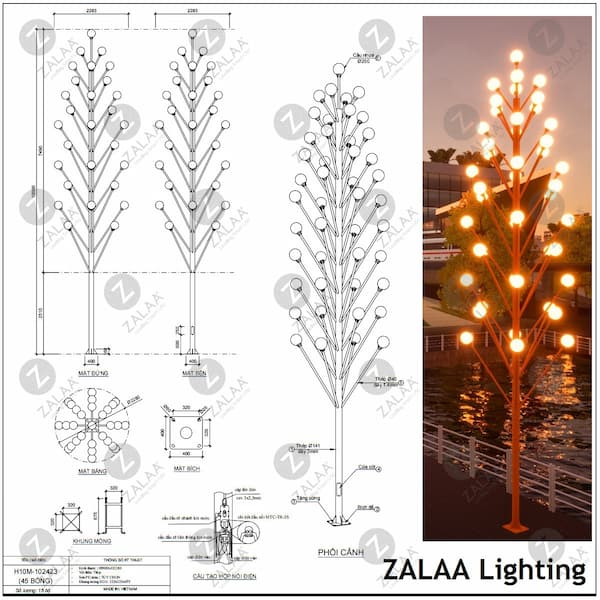 Đèn LED Cây Thông Cao 5M Với 21 Tay Đèn Quả Cầu D200
