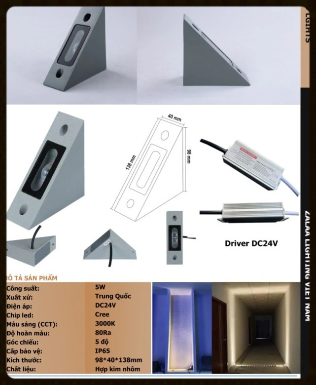 Đèn bệ cửa sổ trang trí ba bên lối đi ngoài trời 5W Mã SP ZRT2023 ZALAA