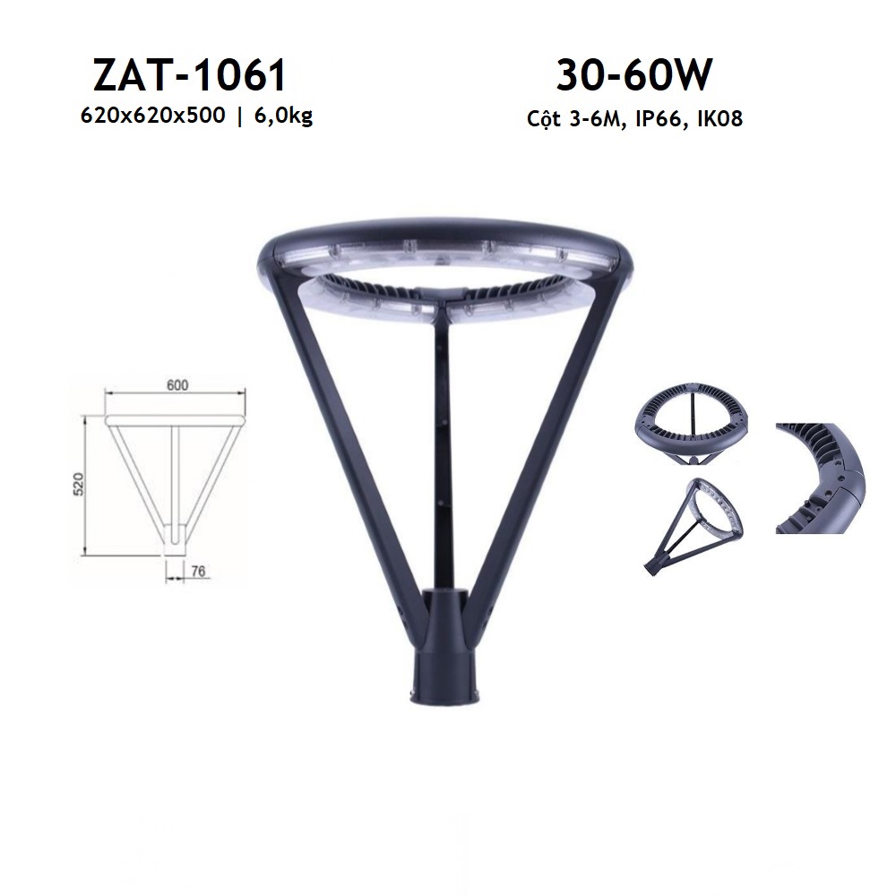 Đèn LED Chiếu Sáng Cảnh Quan Công Viên ZAT-1060 Công Suất 30W, 40W, 60W Phù Hợp Cột điện 3-6M