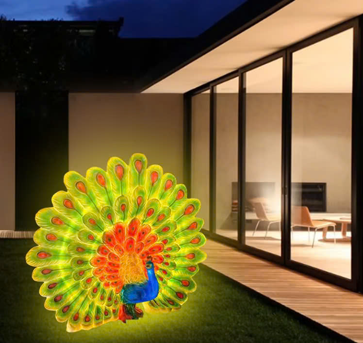Đèn LED Fiberglass Sợi Thủy Tinh Nhựa họa tiết 3D Chim Công Peacock phát sáng Zalaa dành cho Dự án Vườn Ánh Sáng